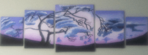 5 panel painting of trees in blues and purples.