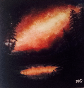Painting of stars reflecting off a lake