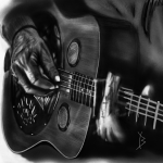 A black and white sketch of a blues player playing slide guitar.
