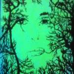 The face in the trees has a glowing background.