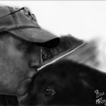 A black and white sketch of a man kissing his dog on the head.