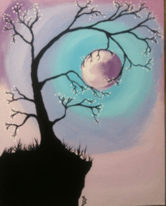 A tree on a cliff who.s branches are hugging the moon.