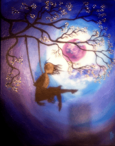 A painting of a girl silhouette swinging in the moon light.